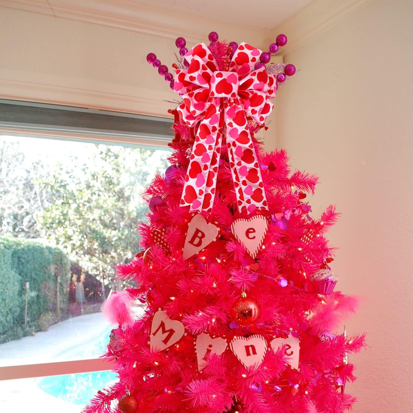 Valentine Tree Topper Bow by [Brand Name] - Large Red & Pink Heart Decorations | 11.4”x19.6” for Holiday Decor