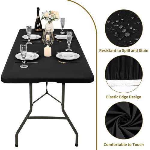 10 Pack Stretch Fabric Table Top Cap Cover, fits 8' Tables, Spandex Table Covers Washable Elastic Universal Rectangle Tablecloth Protector for Indoor Outdoor Party Picnic Wedding, Black, 30" W x 96" L