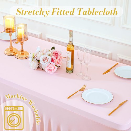 gogoparti 2 Pack Spandex Pink Fitted Table Cloth for 8ft Rectangle Tables Pink Stretch Tablecloth Table Covers Skirt Banquet Tablecloths Wrinkle Free Tablecloth for Parties Wedding