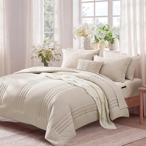 Monbix Queen Comforter Set - 7-Piece Beige Bedding Set | All-Season Comforter with Sheets & Pillowcases