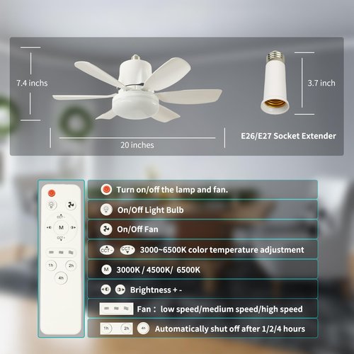 Screw in Ceiling Fan Light Bulb, Socket Fan Light with Remote 20" 3000-6000k 40W White