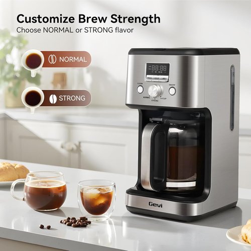 Gevi 14-Cup Programmable Coffee Maker - Drip Machine with Strong Brew & Glass Carafe | Silver Finish