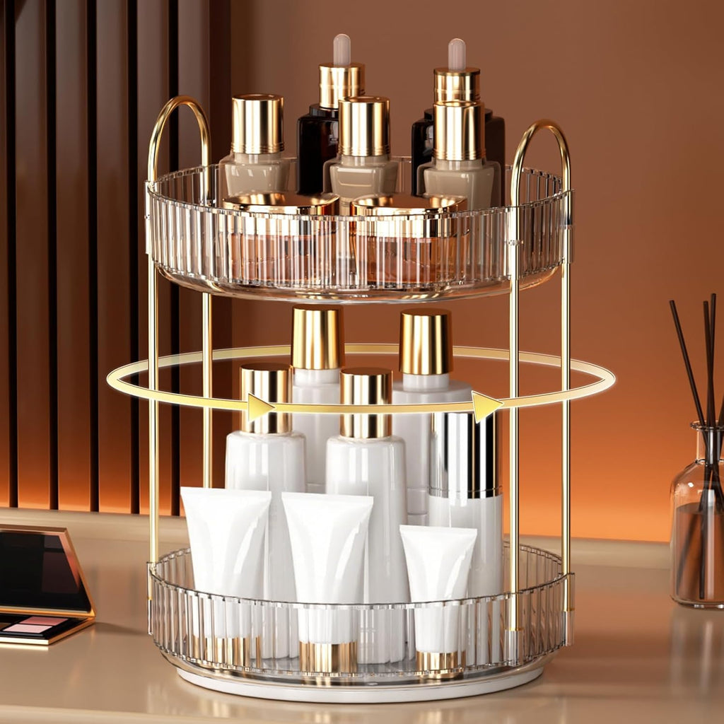 YCIA&DONE 360 Rotating Makeup Organizer - High Capacity Cosmetic & Skincare Storage | Clear White, 2 Tiers