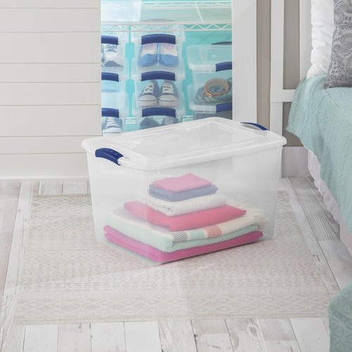66 Quart Durable Storage Bin by [Brand Name] - Clear Plastic Container with Secure Blue Latch Lid | Stackable for Home & Garage Organization