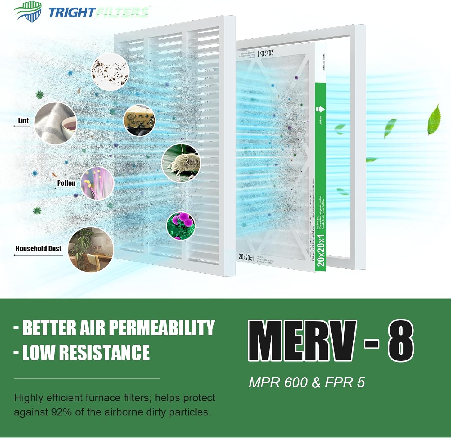 TRIGHTFILTERS 20x20x1 Air Filter - MERV 8 Pleated Dust Defense | 4-Pack Replacement for HVAC Systems
