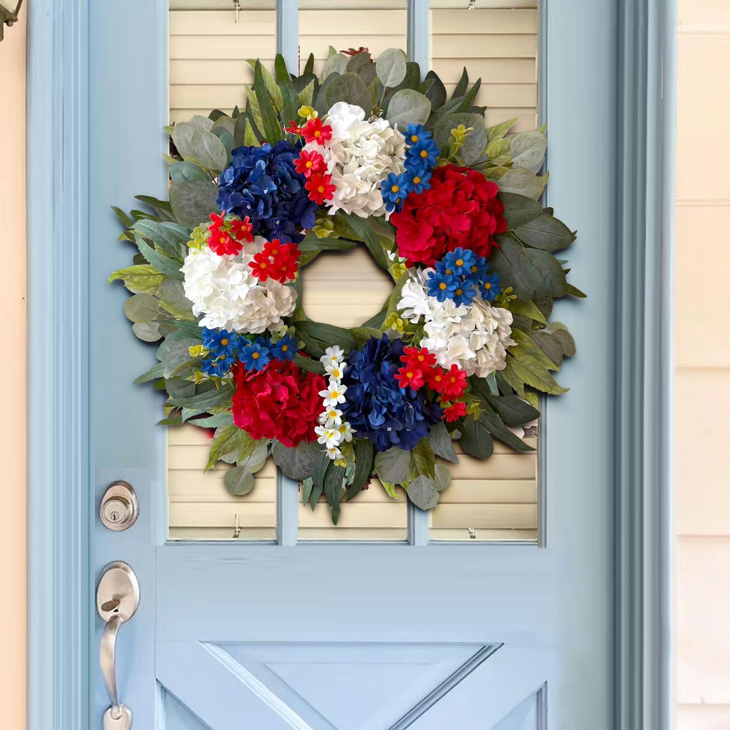 WANNA-CUL Patriotic 24-Inch Hydrangea Wreath - Red, White & Blue 4th of July Decor for Indoors & Outdoors