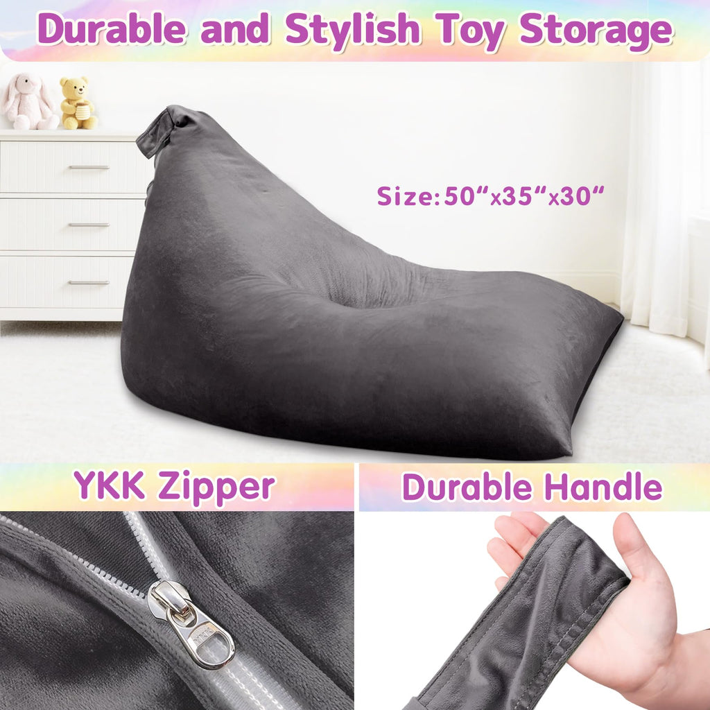 Stuffed Animals Storage Bean Bag Chair for Kids and Adults, Stuffed Animals Bean Bag Storage, Luxury Velvet Stuffie Seat - COVER ONLY(Dark Grey 200 L/52 Gal)
