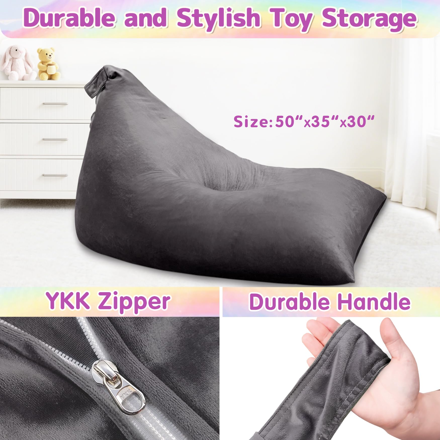 Stuffed Animals Storage Bean Bag Chair for Kids and Adults, Stuffed Animals Bean Bag Storage, Luxury Velvet Stuffie Seat - COVER ONLY(Dark Grey 200 L/52 Gal)