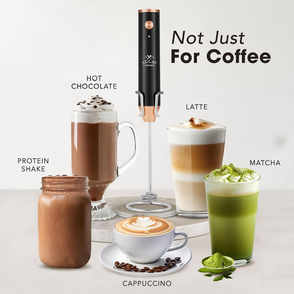 Zulay Kitchen Rechargeable Milk Frother Handheld - Lux 4 Whisks, Powerful 2-Speed Motor, Waterproof, 2000mAh Battery - Drink Mixer for Latte, Cappuccino, Matcha & Protein Powder - Dark Copper