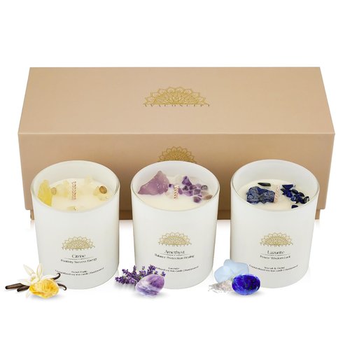 AVACONCEPT Amethyst & Smoky Quartz Crystal Candle Gift Set - 2-Pack Hand-Poured Soy Wax - Lavender Vanilla & Sea Salt Driftwood Aromatherapy Candles (3, Ametyst & Citrine & Lazurite)