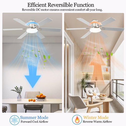 iacaf Ceiling Fans with Lights,54 Inch Low Profile Ceiling Fan with Light and Remote Control,6 Speeds/6 Blade,Flush Mount,LED Dimmable DC Reversible Modern, Nickel Ceiling Fan for Bedroom/Living Room