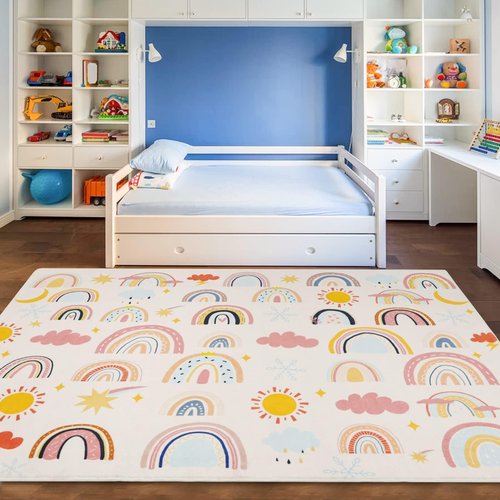 LTKOUGFAM Soft Kids Area Rug, Large Washable Space Mat, Non-Slip Cute Rainbow Weather Baby Crawling Floor Mat for Living Room Playroom Classroom Bathroom (59" x 39" S)