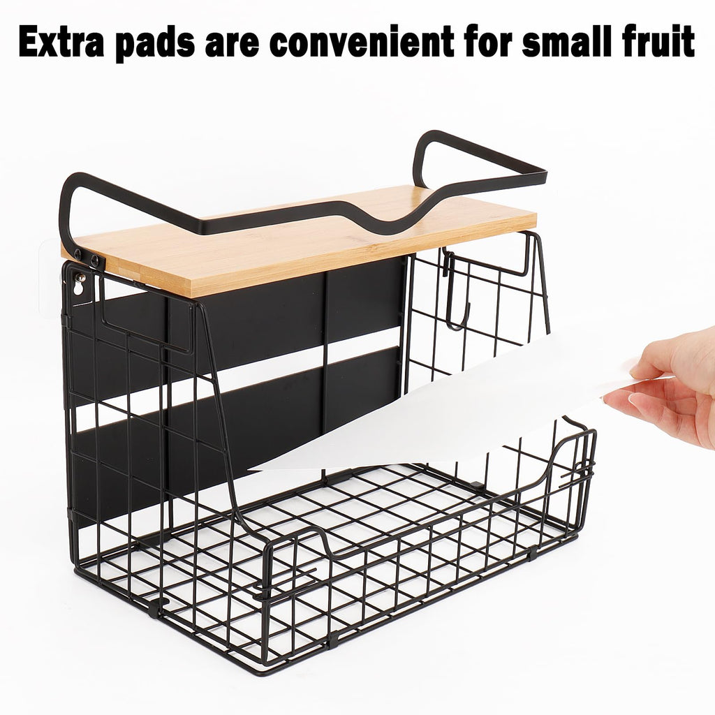 Livabber Magnetic Fridge Organizer Basket with Wood Shelf, Large Fruit Vegetable Storage Bin, Spices Snacks Condiments Rack for Kitchen Pantry, Laundry Room, Office, Magnetic or Wall Mount (Black)