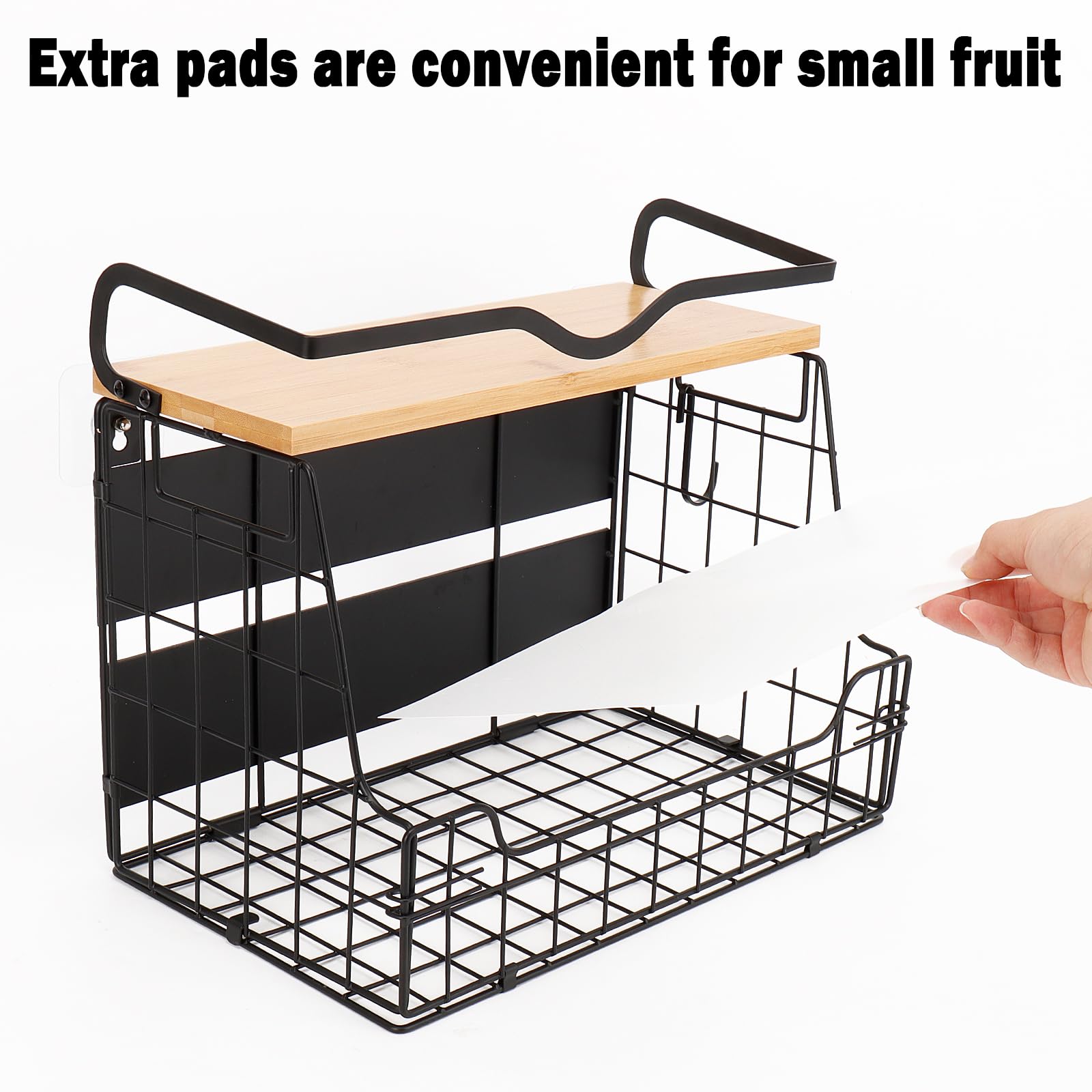 Livabber Magnetic Fridge Organizer Basket with Wood Shelf, Large Fruit Vegetable Storage Bin, Spices Snacks Condiments Rack for Kitchen Pantry, Laundry Room, Office, Magnetic or Wall Mount (Black)