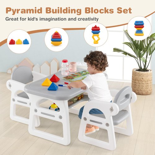 HONEY JOY Kids Table and Chair Set, Plastic Children Activity Table and 2 Chairs w/Building Blocks, Storage, for Art Craft, Toddler Table and Chair Set for Daycare Playroom, Gift for Boys Girls (Gray)