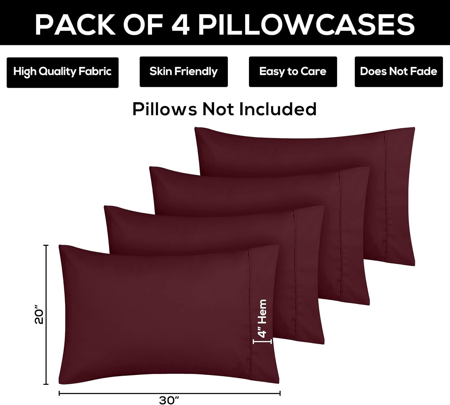 Utopia Bedding Standard Pillow Cases - Soft Brushed Microfiber - 4 Pack, 20 x 26 Inches, Burgundy