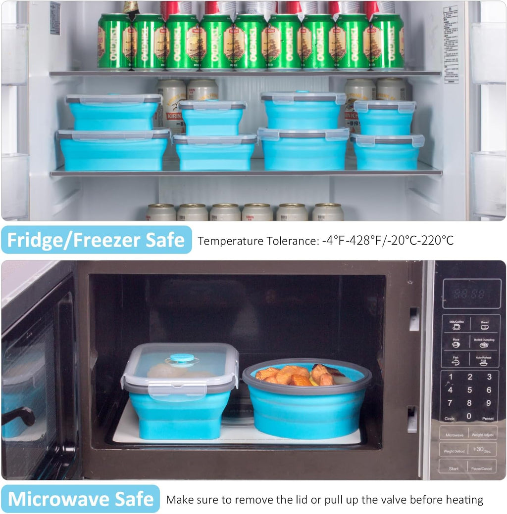 Skiennix Collapsible Food Storage Containers - 8 Pack Silicone Set for Camping & RV | Microwave & Dishwasher Safe, Blue