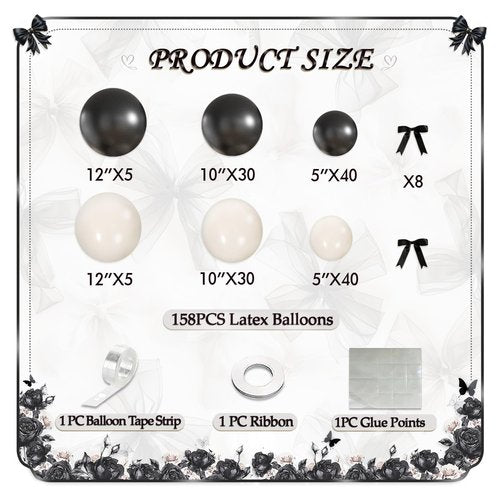 Black Sand White Balloon Garland Arch Kit, Coquette Birthday Decorations 158Pcs Black Bow Long Balloons Sand White Balloons Different Size for Wedding Bridal Engagement Bachelorette Party Decorations