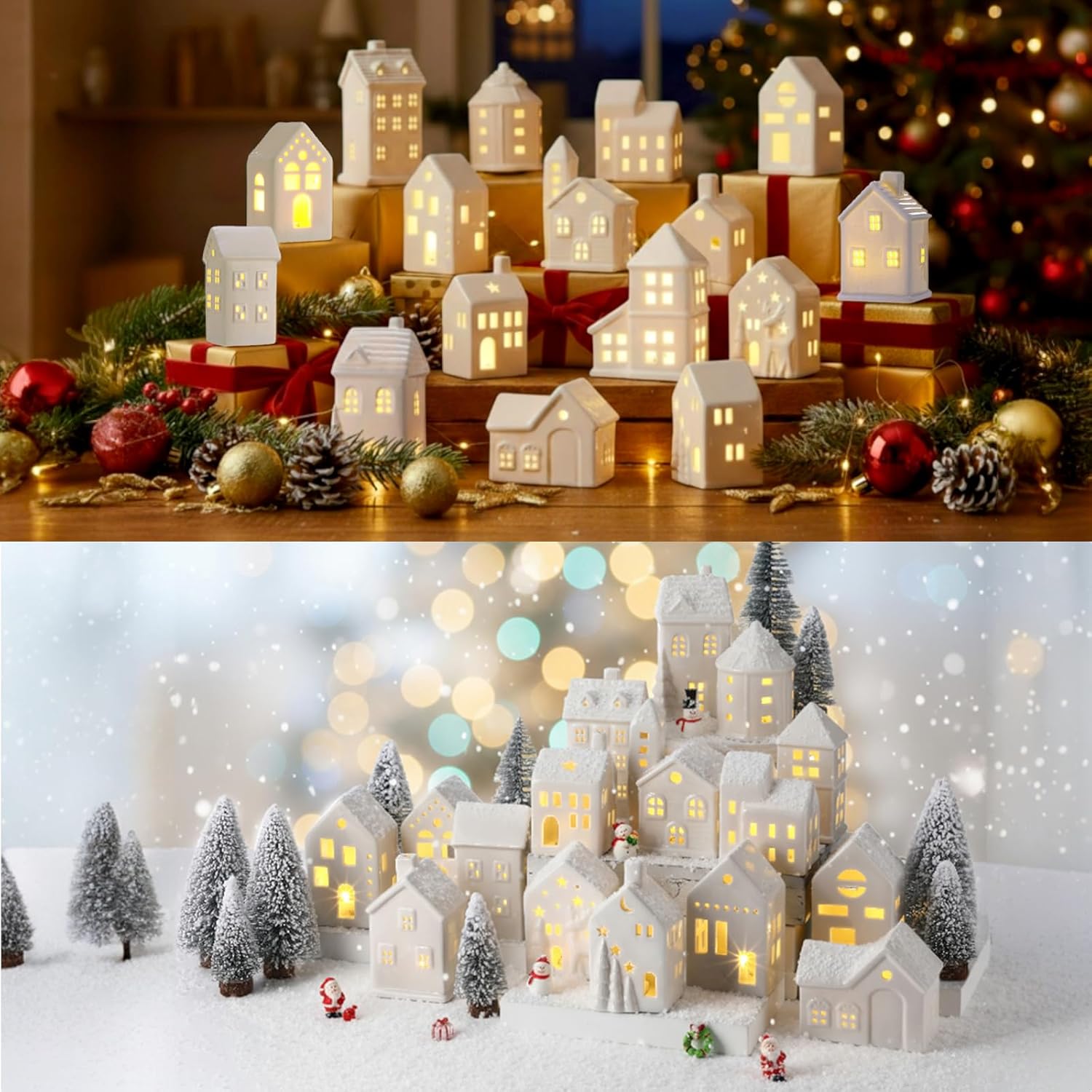 Vinsot 34-Pc LED Ceramic Christmas Village Set - Light-Up Houses, Snowmen & Trees | Festive Tabletop Decor