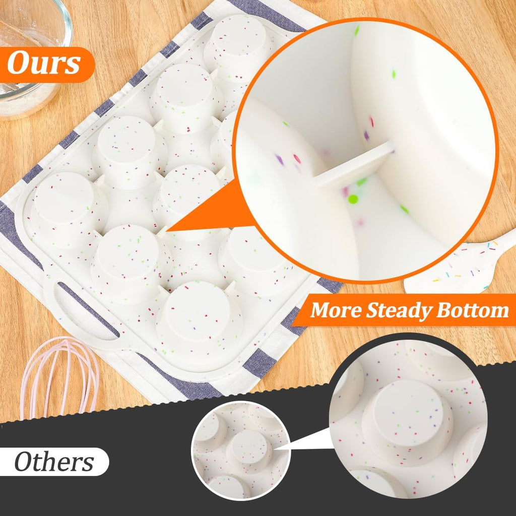 Skiennix Silicone Muffin Pans - Nonstick 12-Cup Molds with Metal Reinforced Frame | 2.8 Inch, BPA Free, Dishwasher Safe