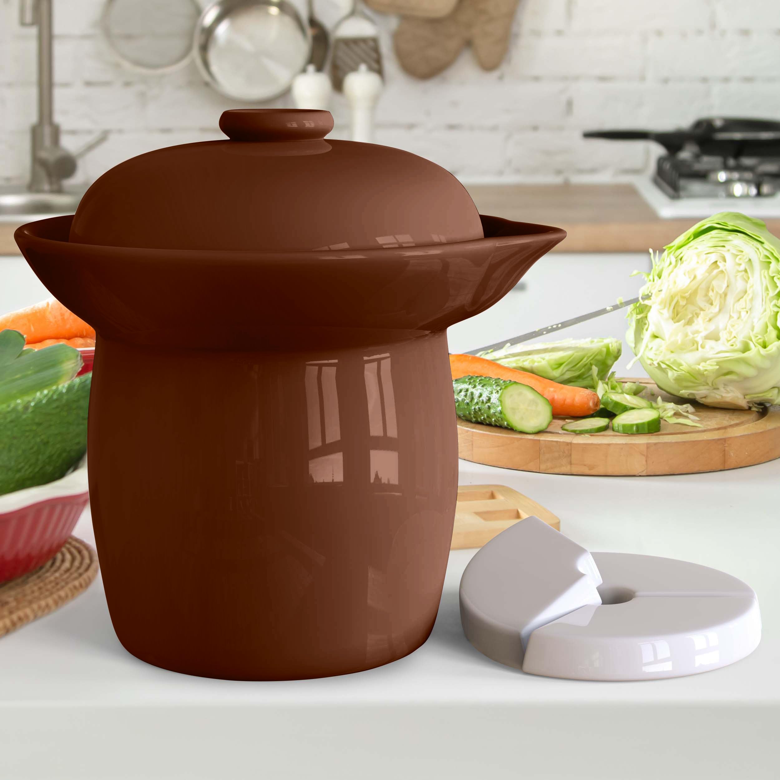 Zetilli Fermentation Crock Jar Fermenting Crock with Glazed Weights- Onggi Kimchi Pot for Fermenting Delicious Kimchi, Kombucha & Pickles - Stoneware Sauerkraut Crock Pickling Fermenter (4L BROWN)