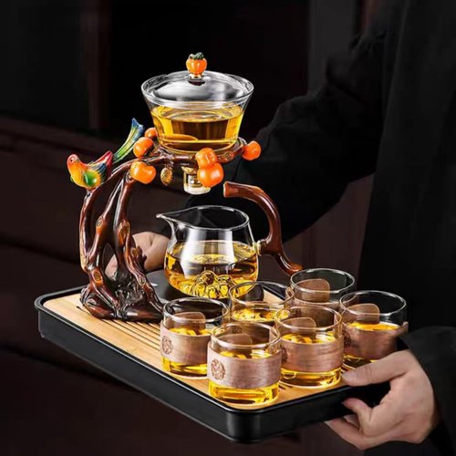 Glass Teapot with Infuser Chinese Gongfu Tea Set Bird Magnetic Semi Automatic Design for Loose Leaf Tea