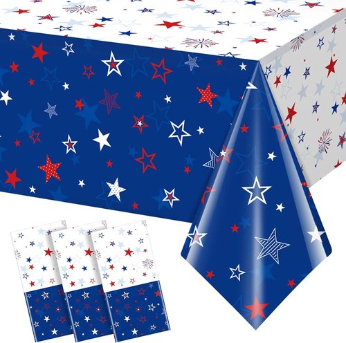 Jectivs Patriotic Tablecloths - 3 Pack Independence Day Decorations | 54 x 108 Inch, Stars & Fireworks Design