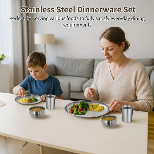 24 PCS Stainless Steel Dinnerware Set, Includes 12PCS 6.7 & 10.2 in Plates, 6 Pieces Bowls and 6 Pieces Cups, 304 Reusable Camping Mess Kits for Home Kitchen, Dorm and Outdoor Picnic (Silver)