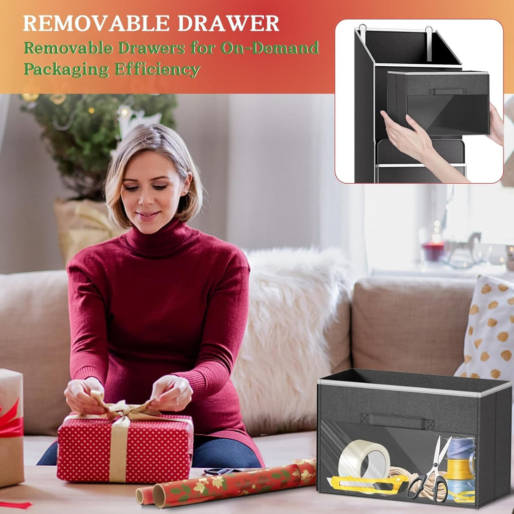 Ofiray Home 2-in-1 Wrapping Paper Organizer - Over Door or Under Bed Storage with Removable Drawer & 4 Clear Pockets