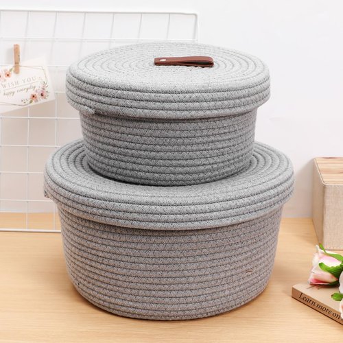 Cabilock Rope Storage Basket Set with Lid Woven Cotton Rope Organizer Baskets for Home Nursery Bathroom and Laundry Includes Large 10.62 Inch and Small Organizer for Closet and Shelf Storage