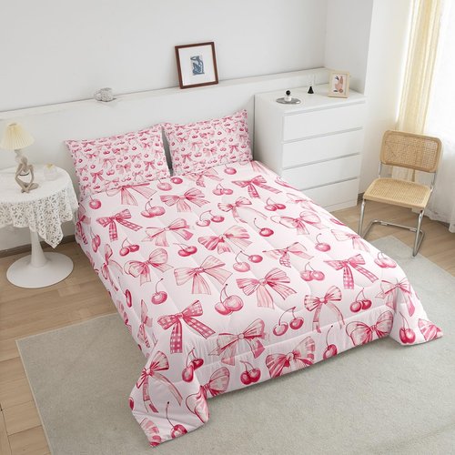 Manfei Bowknot Princess Comforter Set Full Size,Pink Bow Cherry Tropical Fruits Patchwork Bedding Set,Girls Women Room Decor,Bow-tie Girlish Dreamy Down Comforter,Pink Cute Duvet Insert,2 Pillowcases