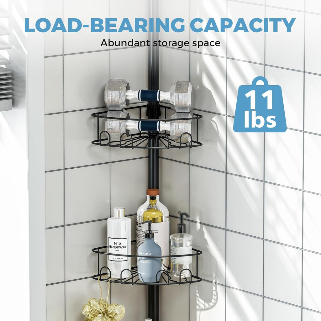 Skiennix Corner Shower Caddy - 4-Tier Adjustable Bathroom Organizer with Hidden Hook & Towel Holder | 63.7-119 Inch, Black