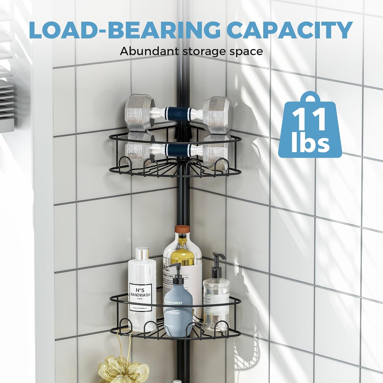 Skiennix Corner Shower Caddy - 4-Tier Adjustable Bathroom Organizer with Hidden Hook & Towel Holder | 63.7-119 Inch, Black