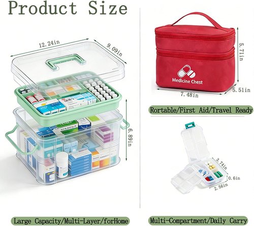 3-Piece Clear Medicine Organizer - Portable Medical Storage Box with Pill Cases & Removable Tray