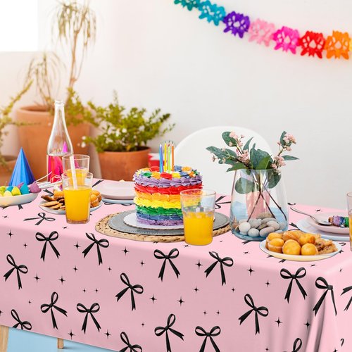 Guzbewu 3Pcs Pink Bow Tablecloth,Black Bow Table Decor,Coquette Birthday Decorations Black,Disposable Waterproof Party Supplies for Girls Baby Shower,Bridal Shower,Bachelorette Party