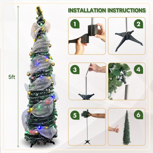 5FT Pop-Up Christmas Tree with 10-inch X 1.6 Feet Metallic Mesh Ribbon, Multi-Color 50 LED String Lights，10 Decorative Balls for DIY, Ideal for Indoor/Outdoor Christmas Decoration
