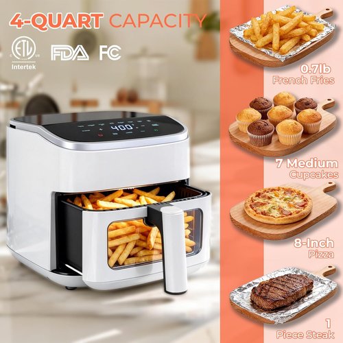 NEWBULIG Air Fryer - 4QT Digital Touchscreen with Easy View Window & 8 Cooking Presets - White