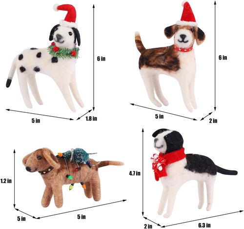 Juegoal Christmas Felt Dog Ornaments - Set of 4 Cute Wool Puppy Decorations for Tree & Wreath