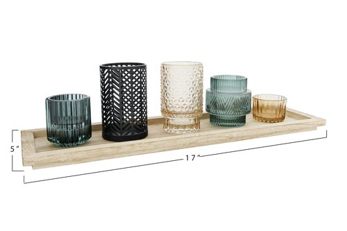 Bloomingville 5-Piece Embossed Glass and Metal Tealight Candle Holders in a Wood Tray, Multicolor