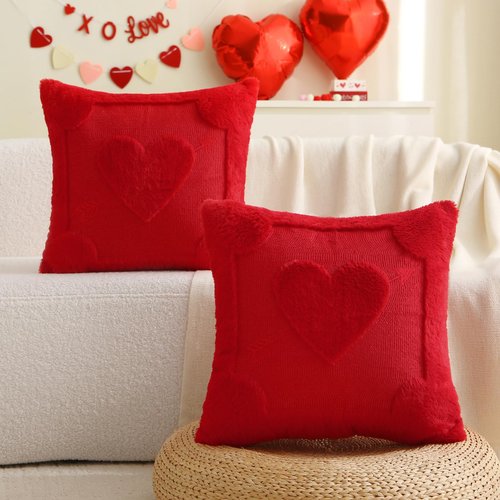 aolime Valentine's Day Pillow Covers Decoration, 18 x 18 Inch Set of 2 Red Arrow Love Heart Soft Plush Faux Fur Throw Pillow Cases for Chair Sofa Bedroom Living Room Home Decor