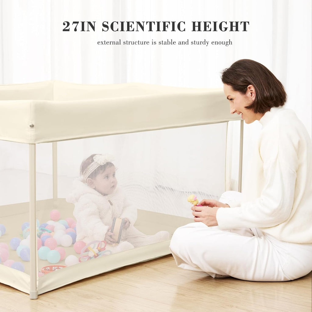 Skiennix Foldable Baby Playpen - Portable 50" x 50" Play Yard with Breathable Mesh & ASTM F406 Certified (Beige)
