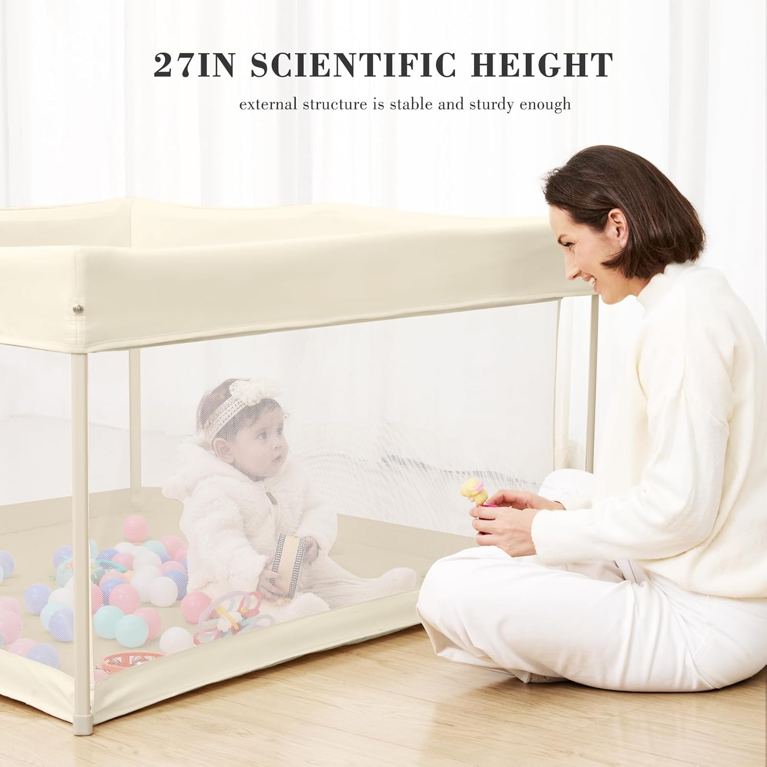 Skiennix Foldable Baby Playpen - Portable 50" x 50" Play Yard with Breathable Mesh & ASTM F406 Certified (Beige)