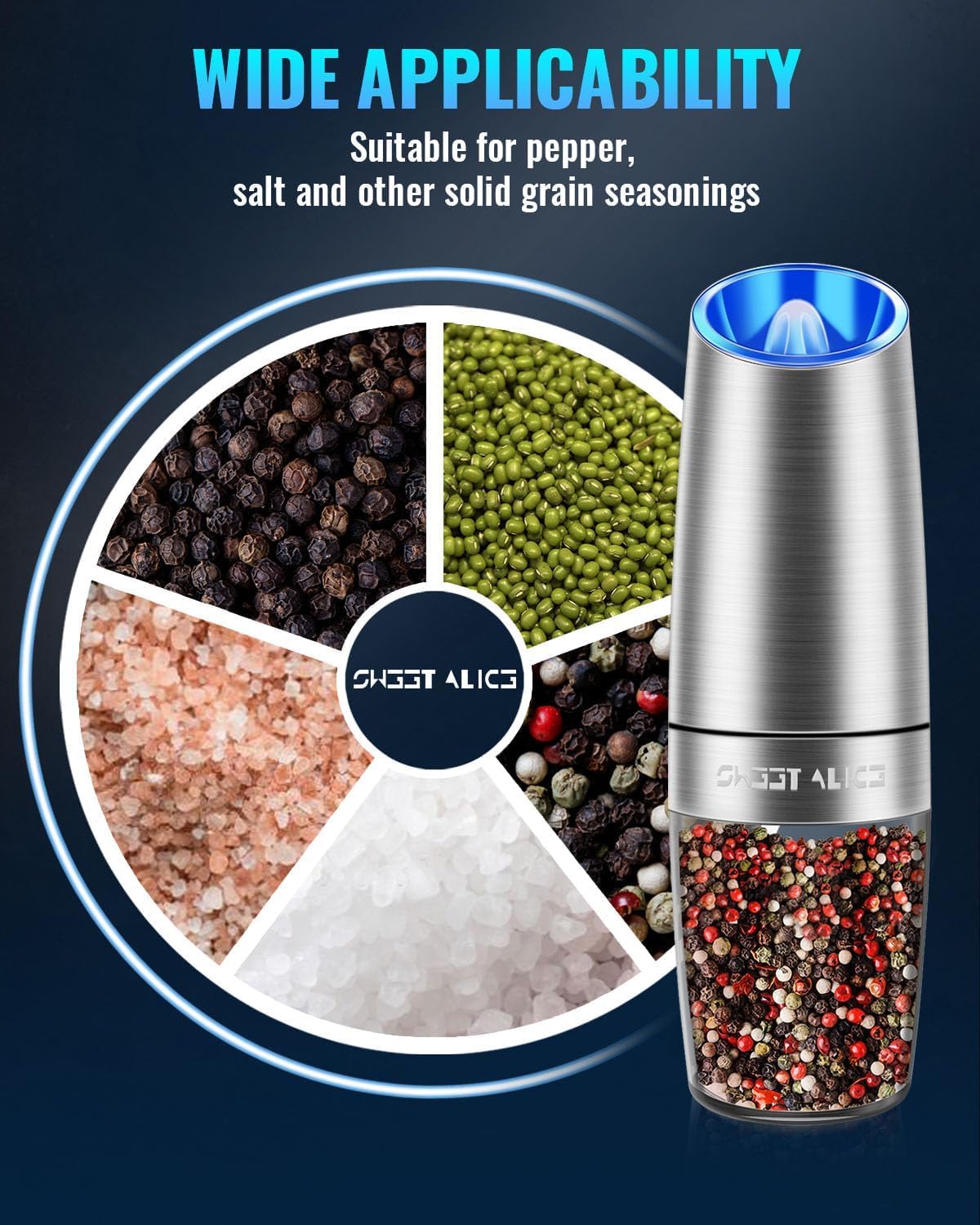 2 Pack Gravity Electric Pepper and Salt Grinder, Larger Capacity Stainless Steel Mill Grinder Battery Powered with LED Light, Adjustable Coarseness, One Hand Automatic Operation for Kitchen BBQ