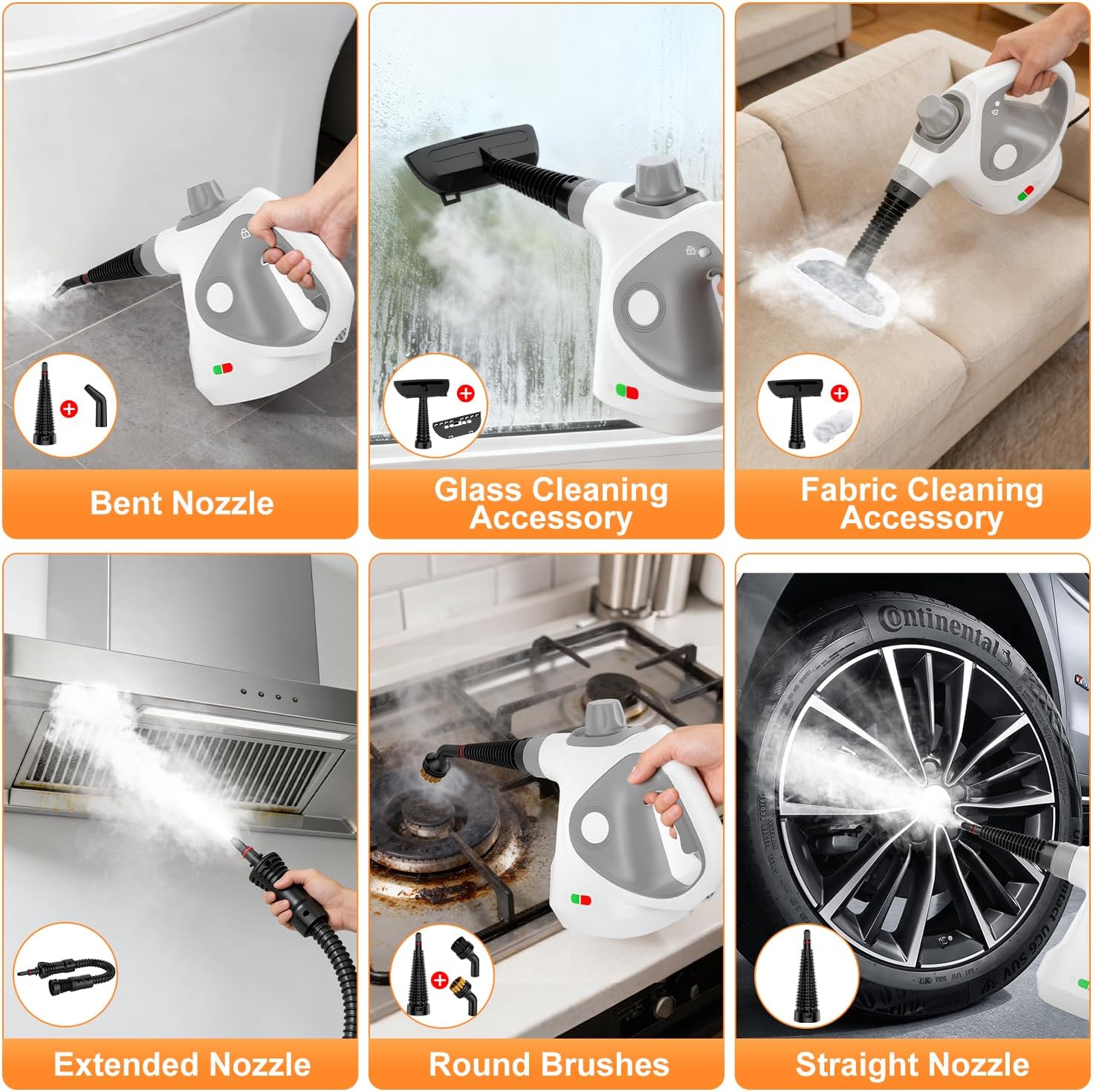 Skiennix Handheld Steam Cleaner - Portable Pressurized Steamer with 15 Accessories for Multi-Surface Cleaning | Grey Cap & Handle