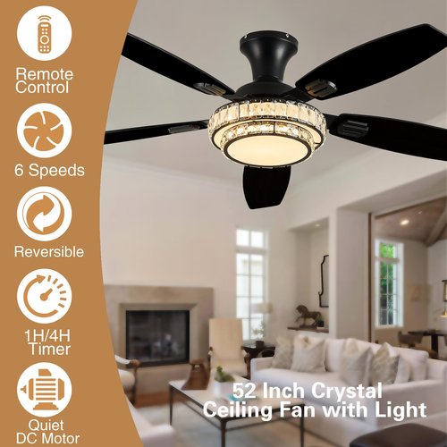 Fanyank Ceiling Fans with Lights-Crystal Ceiling Fan,52" Low Profile and Remote Control, Flush Mount, Reversible, 3CCT, Dimmable, Noiseless, Black Ceiling Fan for Bedroom