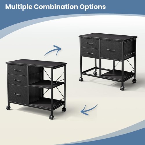 Healsmart Heavy Duty Mobile File Cabinet - 3 Fabric Drawers & Rolling Printer Stand | Black