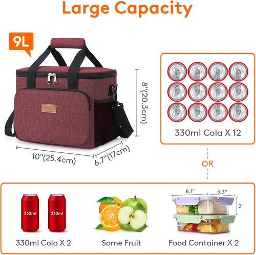 Lifewit Insulated Lunch Bag - Soft Cooler Tote for Adults | Burgundy, 12-Can Capacity (9L)