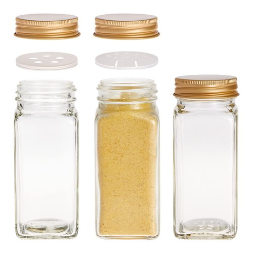 Talented Kitchen 24-Pack Glass Spice Jars - 4 Oz Square Bottles & Gold Metal Caps - Refillable Shaker & Pour Lids, 284 Preprinted Stickers - Seasoning Organizer for White & Gold Kitchen Organization