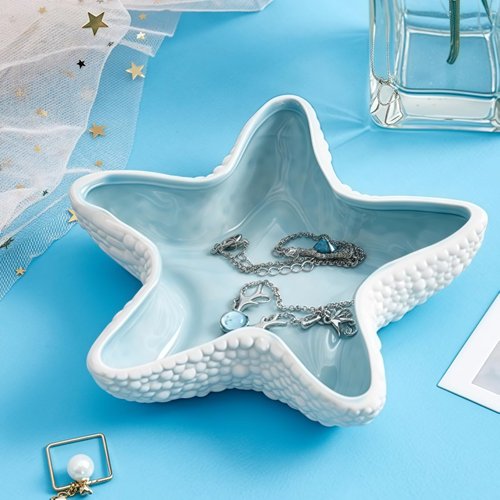 Koyzsen Starfish Jewelry Dish Ceramic Holder Ring Trinket Tray, Ocean-themed Decorative Trinket Dish, Suitable for Mother Friend Sister, Gifts for Women, Home Decor Trinket Dish(Sea Blue)