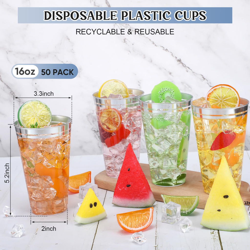 Sliner 50 Pcs Hard Plastic Cups Double Rimmed Plastic Cups Heavy Duty Fancy Wine Glasses for Holiday Christmas New Year Winter Birthday Party Supplies(16 Oz,Silver)